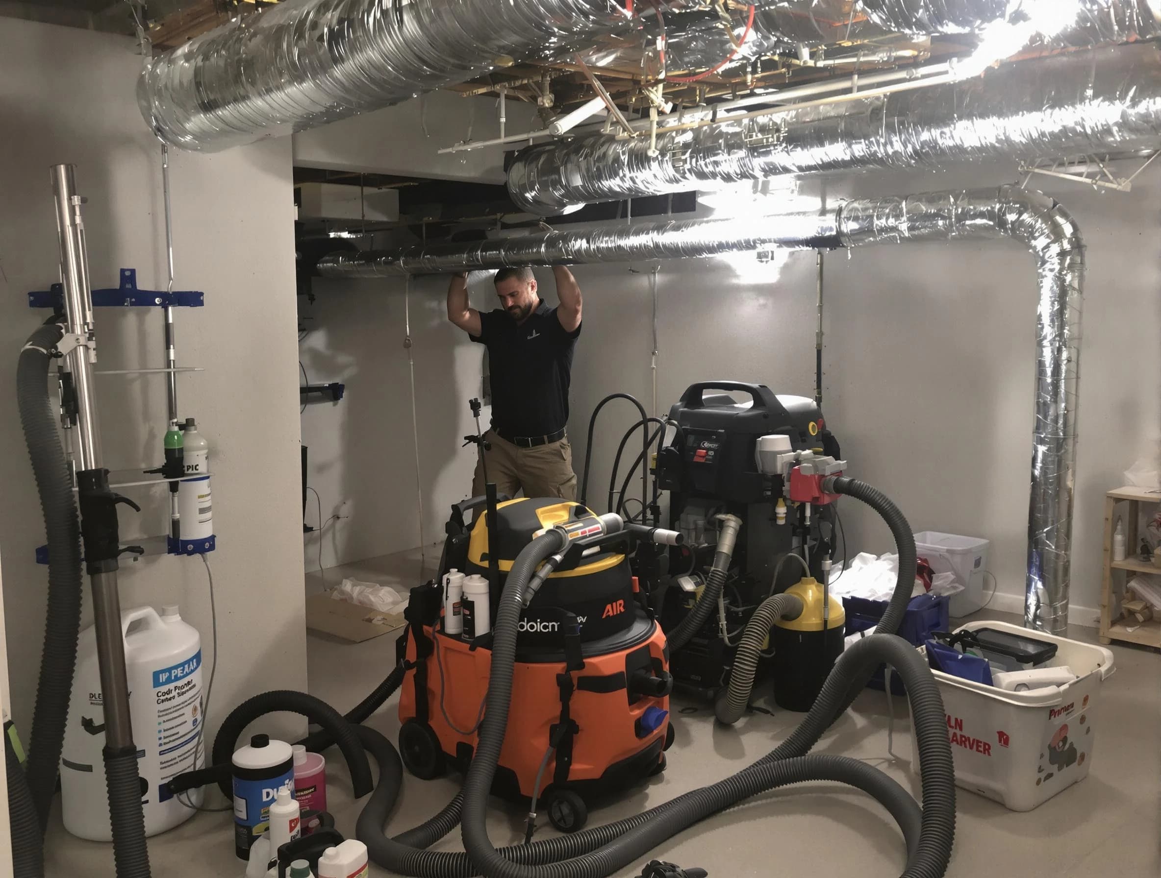 Manchester Air Duct Cleaning specialist performing professional mold removal from air ducts using safety equipment in Manchester
