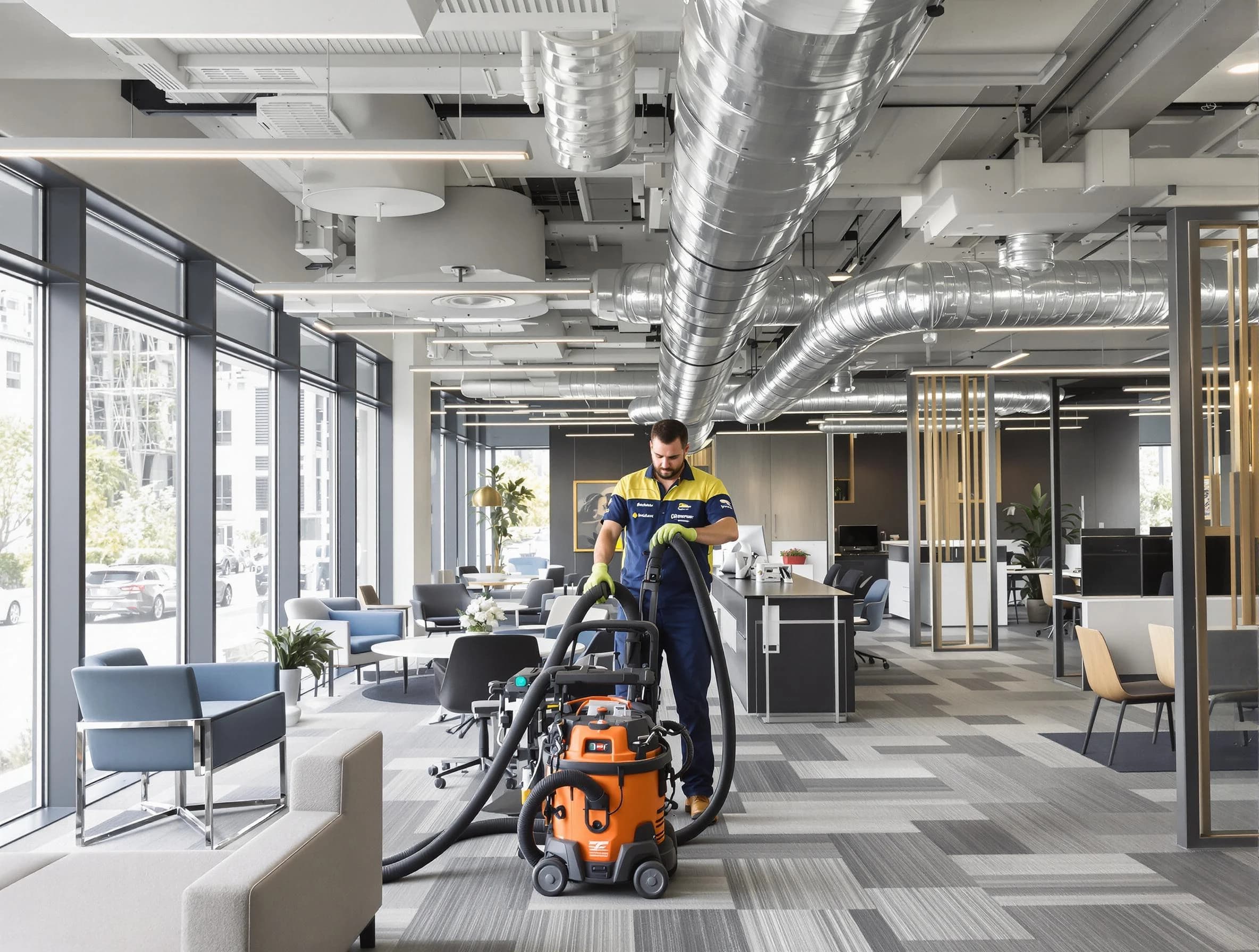 Manchester Air Duct Cleaning team performing thorough commercial duct cleaning at a Manchester business center